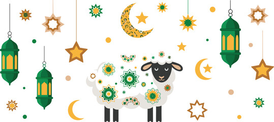 Islamic Eid al Adha Line Art Icon Set Featuring Detailed Sacrificial Animals, Mosque Architecture, Ornate Lanterns, and Crescent Moon Symbols for Religious Holiday Greetings © MD