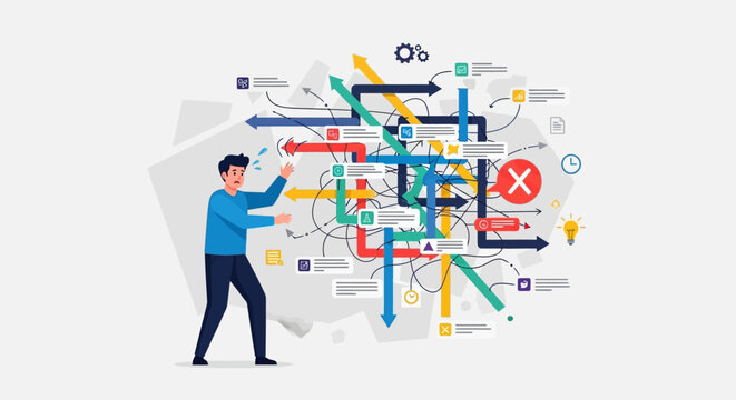Man interacting with complex flowchart.