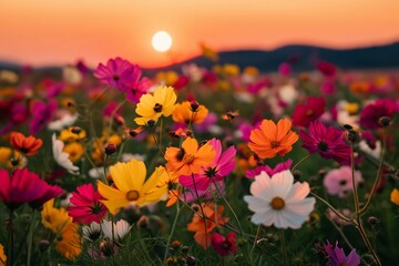 Fototapeta premium Colorful Flowers Bloom in a Field During Sunset Near Mountains