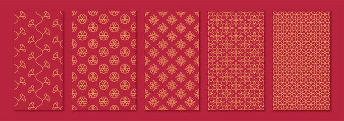 A collection of five seamless vector patterns featuring simple geometric floral motifs inspired by Arabic and Jewish ornamental styles © garikprost