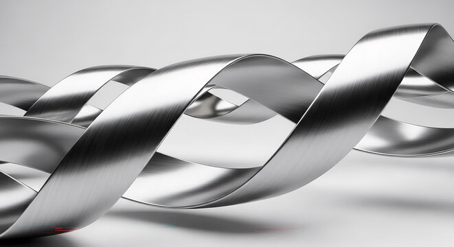 Ultra realistic 3D metallic ribbons twisting in smooth continuous motion, reflective brushed metal surface