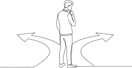 Fotobehang Abstract Continuous line drawing man choosing direction decision making dilemma choice path concept business life minimal vector outline illustration style modern  © Rofiqul