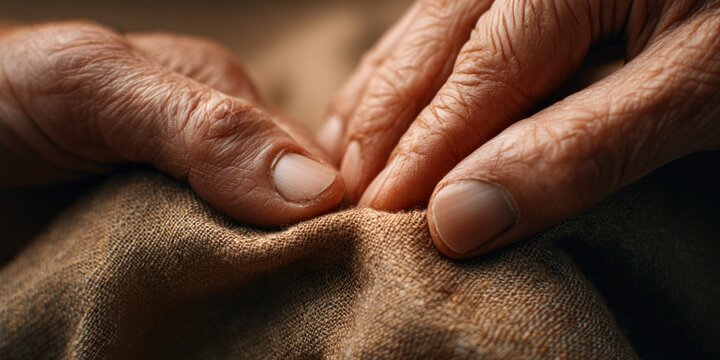 Close-up of elderly hands gently touching textured fabric, conveying care and experience