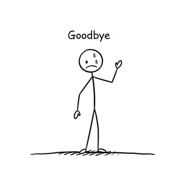 Stick Figure Waving Goodbye with Sad Face.