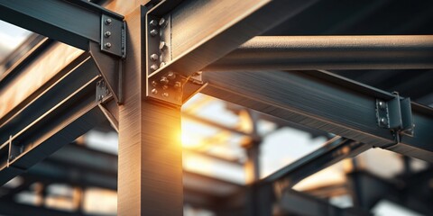 Naklejka premium Close-up view of bolted steel beams and columns in a construction project