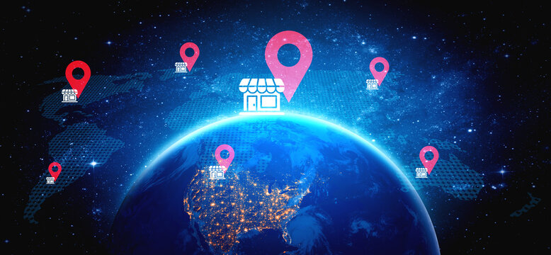 A creative representation of a global retail network showing location markers above Earth, symbolizing business reach, digital connectivity, and market expansion opportunities. Gantry