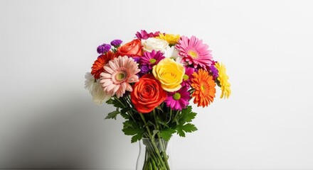 Obraz premium Vibrant bouquet of assorted colorful flowers in a clear glass vase on white background for decoration and gifting