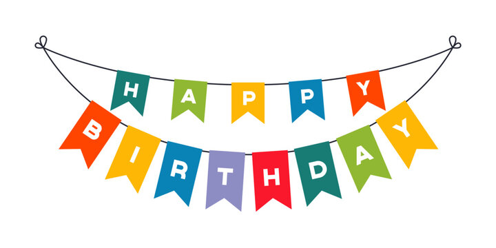 A colorful banner that says Happy Birthday. It is hanging from a string. The banner is made up of many different colored flags