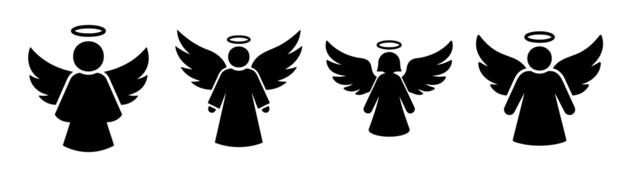 Angel silhouette icon set, 4 heavenly cherub vector elements, black divine wing symbols