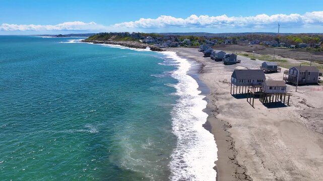 Peggotty Beach and historic waterfront houses aerial view in town of Scituate, Massachusetts MA, USA. 