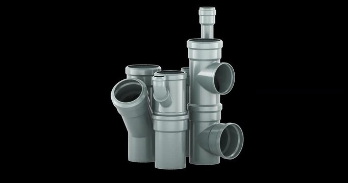 Gray sewer pipes and fittings, rotation animation seamlessly loopable. 3D rendering isolated on transparent background