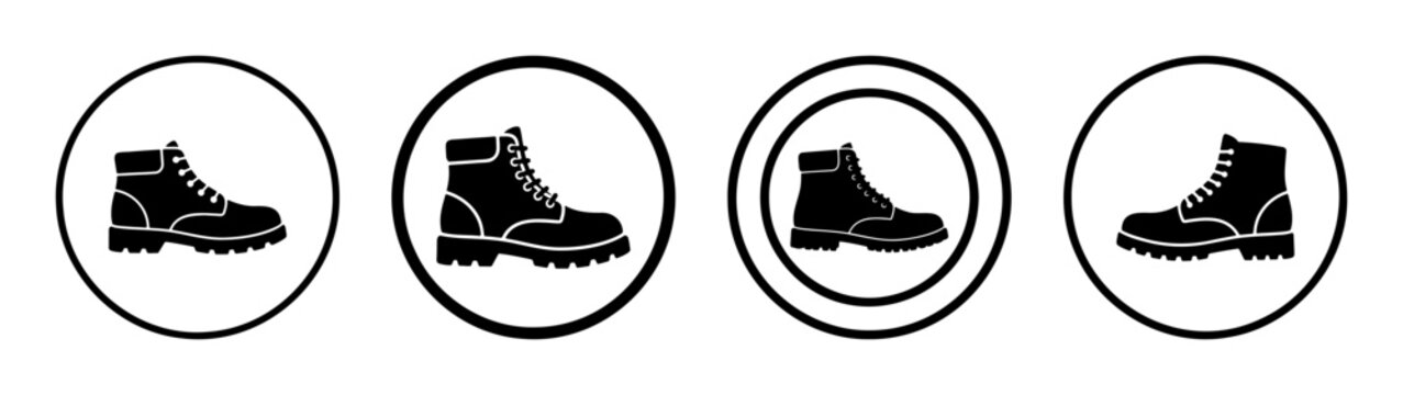 Industrial work boots icon set, safety footwear vector symbols, 4 black shoe silhouettes
