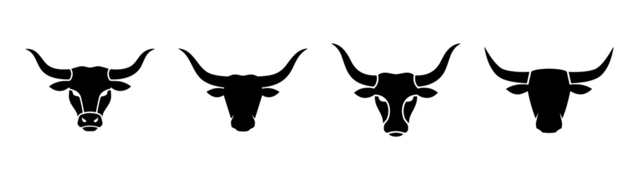 Longhorn bull head silhouettes, 4 black cattle icons, western steer mascot vector set