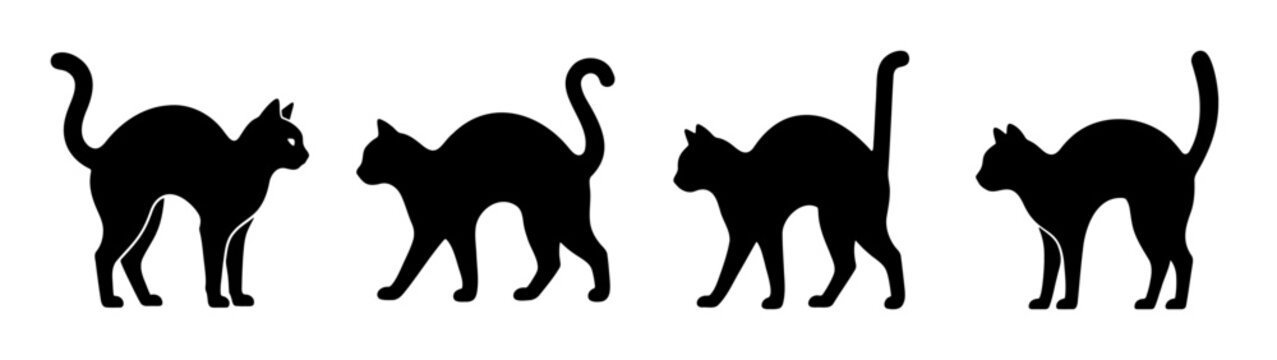 Black cat silhouette set, 4 spooky kitten vector icons, arched back halloween cats