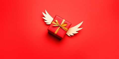 Fototapeta premium Red gift box with golden ribbon and cream-white wings on a red background