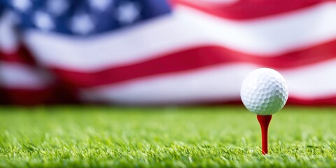 White golf ball on a red tee in green grass with blurred American flag background