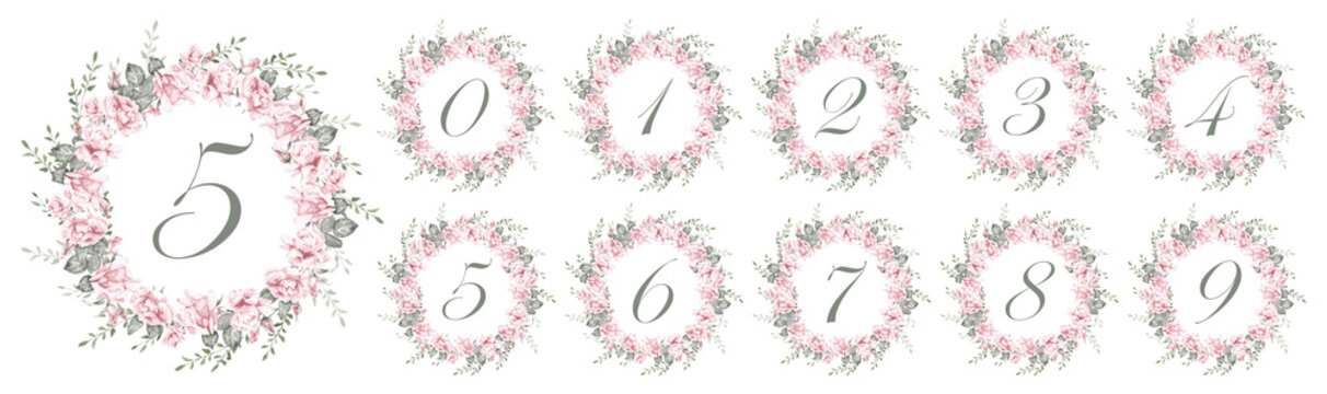 Elegant watercolor floral numbers 0-9 collection with blush pink rose wreaths, romantic botanical numeric set for wedding tables, anniversaries and feminine decorative designs
