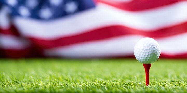 White golf ball on a red tee in green grass with blurred American flag background