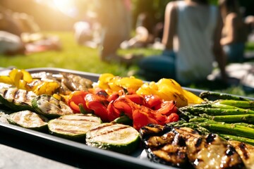 Fototapeta premium Grilled Vegetables Served on a Plate in a Park on a Sunny Day With People Enjoying the Outdoors