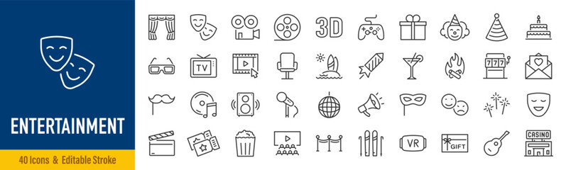 Fototapeta na wymiar Entertainment web icons in line style. Theatre, cinema, surfing, music, party, VR, TV. Vector illustration.
