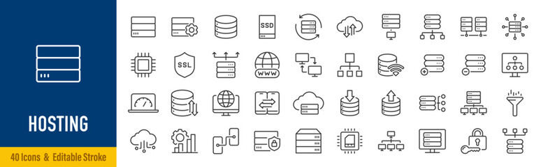 Obraz na płótnie Canvas Hosting web icons in line style. Backup, hosting, transfer, domain, data, cloud service, website. Vector illustration.