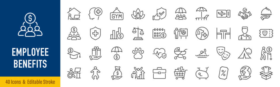 Employee benefits web icons in line style. Health insurance, bonus, social security, maternity rest, paid vacation, collection. Vector illustration.