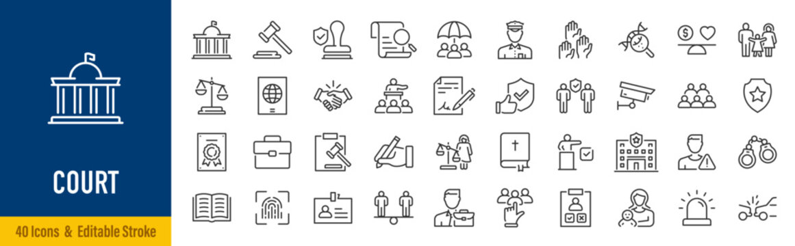 Court web icons in line style. Investigation, law, judgment, criminal, authority, court legal, related nailing, justice, prison. Vector illustration.