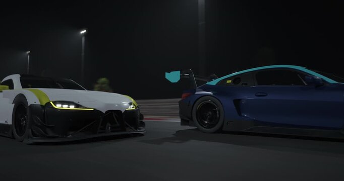 GT3 Gran turismo race cars drive side by side at night on a track, close view with headlights, motion blur shows speed, city lights create intense motorsport action