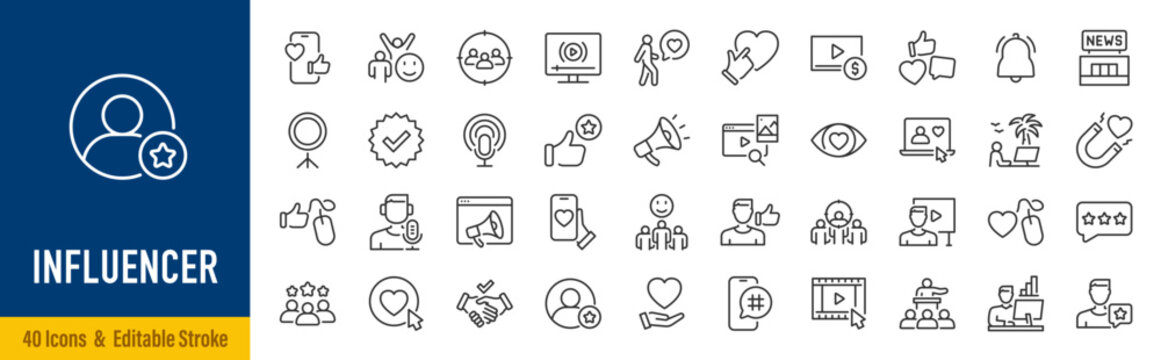Influencer web icons in line style. Content, community, promotion, influencer, social media, ambassador. Vector illustration.