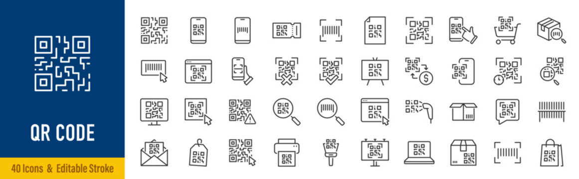 QR code web icons in line style. Scanning, coding, information, qr code, sign,identification. Vector illustration.