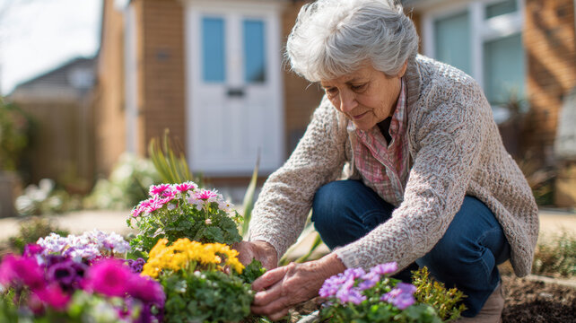 Spring season, garden, flower, fresh, life. An elderly woman in a squatting position, tending to a flower bed filled with vibrant purple, yellow, and white flowers. The background is slightly blurred.