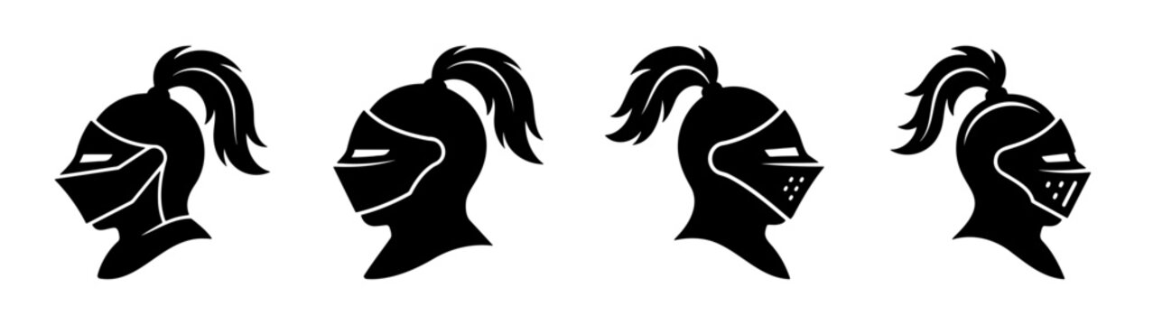 Medieval knight helmet icons, 4 black armor head silhouettes, warrior mascot vector set