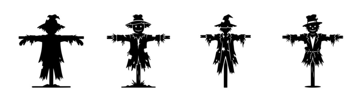 Scarecrow silhouette set, 4 farm guardian icons, rustic harvest festival vector elements