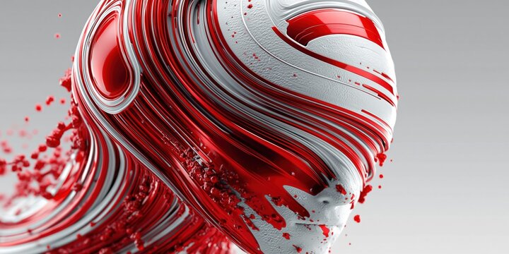 Abstract robotic face with glossy red and white textures and splashes