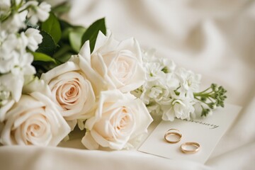 Fototapeta premium Wedding Rings and White Roses Placed on Soft Fabric With Greeting Card in Natural Light