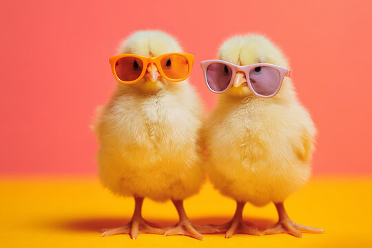 Two chicks wearing sunglasses on colorful background