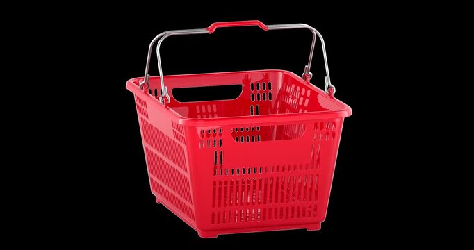 Red plastic shopping basket with folding metal handles, rotation animation seamlessly loopable. 3D rendering isolated on transparent background