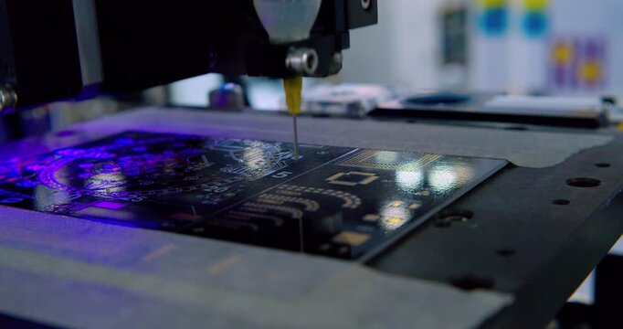 Modern industrial production of electronic boards and SMD component installation. Automated equipment for diagnostics and testing of microchips and processors. Manufacturing of electronic chips. 