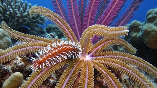 Vibrant Marine Fireworm on Coral Reef Close Up Ocean Life Shot. 4K Video