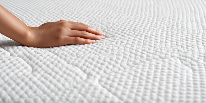 Hand gently touching a soft white mattress with a textured square grid pattern