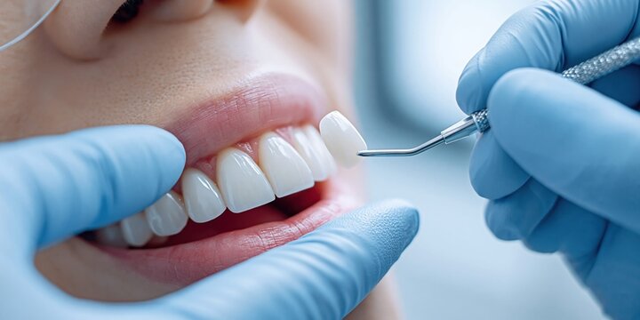 Dentist placing a porcelain veneer on a patient's tooth for aesthetic improvement