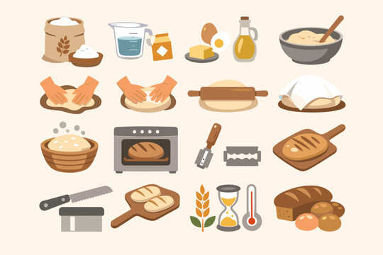 Bread making process icon set featuring ingredients, tools, and techniques like kneading dough, proofing, scoring, and baking fresh loaves of sourdough and wheat bread in a flat vector style.