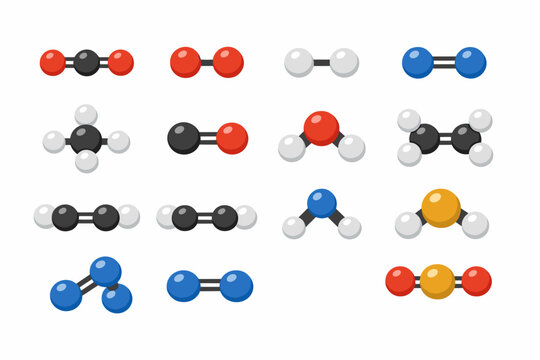 Molecular Structure Diagram Collection Depicting Carbon Dioxide, Oxygen, Hydrogen, Nitrogen, Methane, Carbon Monoxide, Water, Ethylene, Acetylene, Ammonia, Hydrogen Sulfide, Ozone, and Sulfur Dioxide