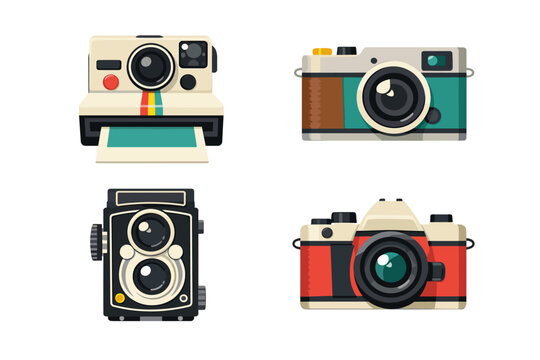 Set of Four Colorful Vintage and Retro Camera Illustrations in a Flat Vector Style, Featuring Instant, Rangefinder, Twin-Lens Reflex, and SLR Designs for Photography and Graphic Design Projects.