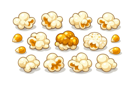 Cartoon Popcorn Kernels and Popped Grains Vector Illustration Set for Cinema Snacks, Movie Theater Treats, and Home TV Watching, Featuring Salty, Sweet Caramel, and Seasoned Popcorn Varieties.