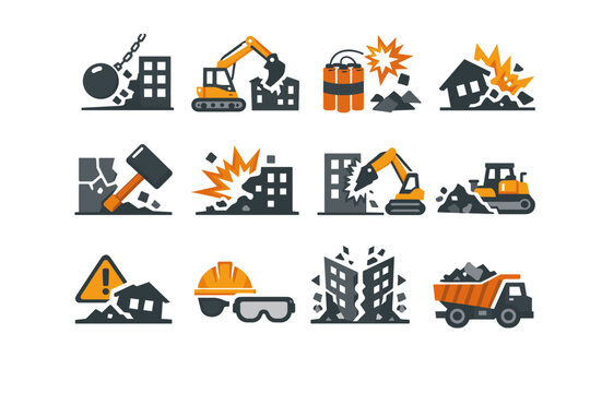 Professional demolition icon set featuring wrecking ball, excavator, dynamite, sledgehammer, and heavy machinery. Flat vector illustration for construction site destruction and building removal.