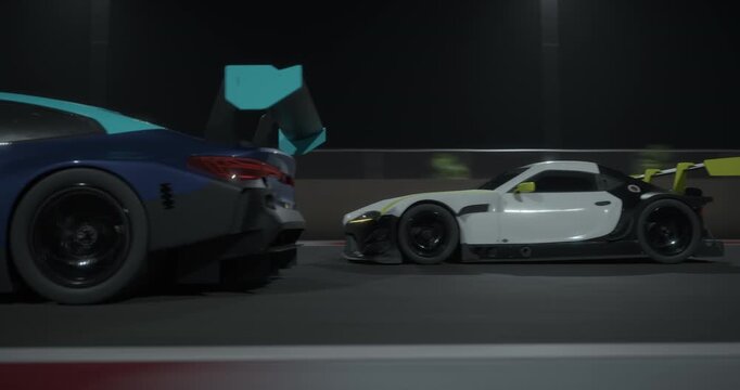 GT3 Gran turismo race cars drive side by side at night on a track, close view with headlights, motion blur shows speed, city lights create intense motorsport action