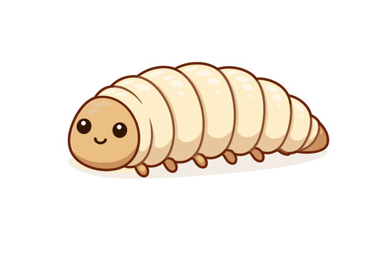 Cute Cartoon Larva Illustration, Happy White Maggot or Caterpillar with Smiling Face and Big Eyes, Simple Flat Vector Design of a Pest Insect Larva Isolated on White Background for Kids Projects