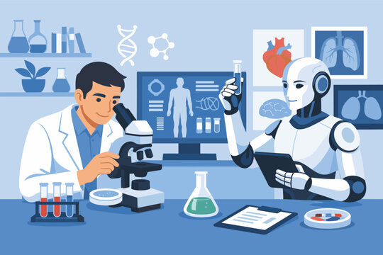 Scientist and Artificial Intelligence Robot Collaborating in a Modern Medical Lab for Biotech Research, Drug Discovery, and Healthcare Innovation with Microscope, DNA, and Anatomical Data