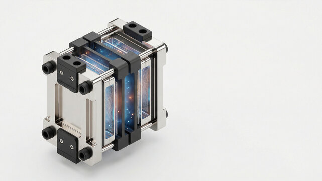 Stacked metal hardware frame with black brackets and illuminated interior on light background with copy space